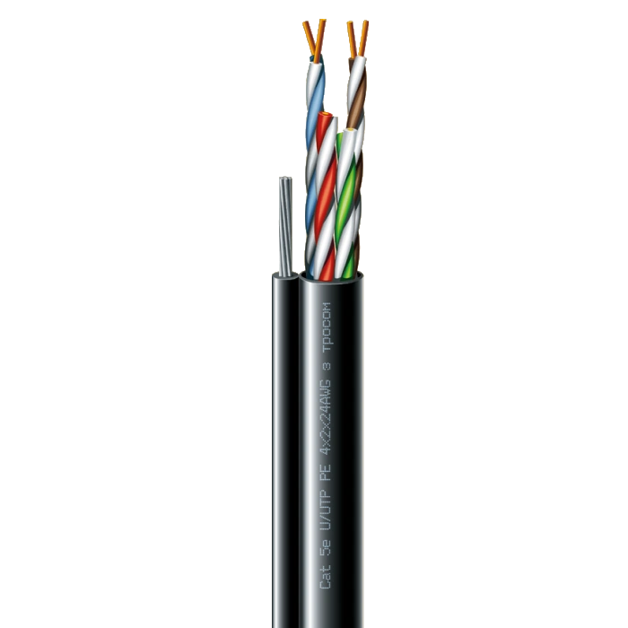 Кабель кручена пара ЗЗКМ (UTP мідь вуличний з тросом) Cat. 5e U/UTP РЕ steel cord 4x2x24 AWG (k) трос (70910181) бухта 500м.